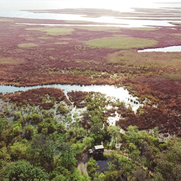 a view of a large rock in the middle of a field